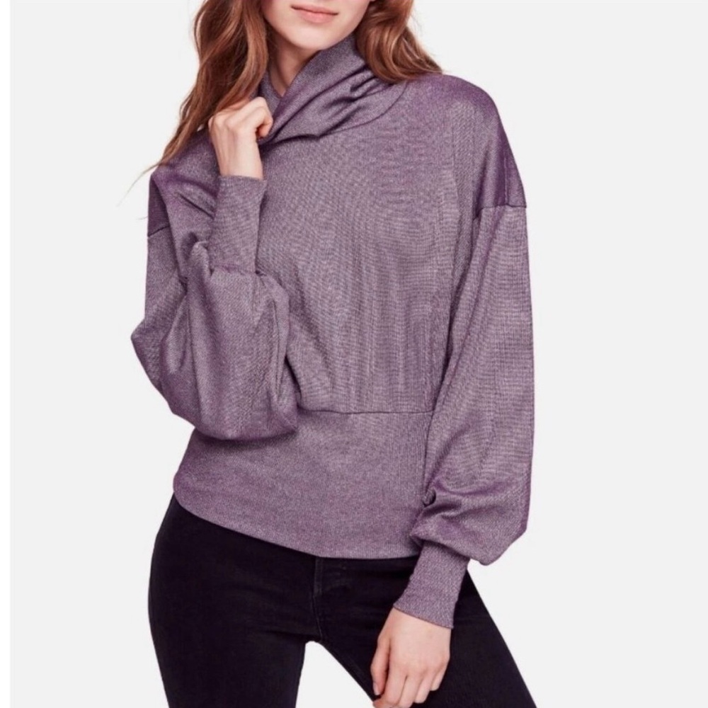 Free People Lavender Metallic Shimmer Glam Dolman Turtleneck Top NWT Size S